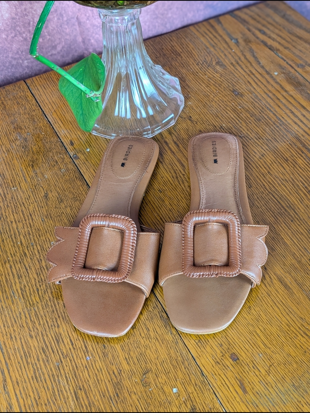 Birdies Women’s Tan Leather Slide Sandals Size 7 Buckle Detail Designer Flats
